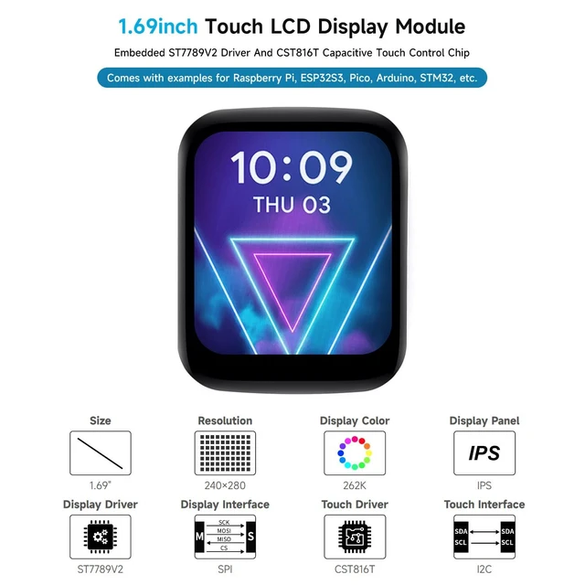 Alt view image 3 of 7 - 1.69inch Round LCD, Compatible with Raspberry Pi 5, Display Module with Touch Panel, Micro LCD Display, 240×280 Resolution, IPS, SPI and I2C Communication, 262K Display Color
