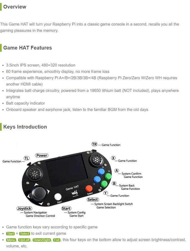 Alt view image 2 of 3 - Game HAT, Compatible with Raspberry Pi 4B/3B/3B+/Zero/Zero W/Zero WH, Retro Gaming Console wth 3.5inch IPS Screen, Joystick, and Buttons, 480×320, Onboard Speaker and Earphone Jack
