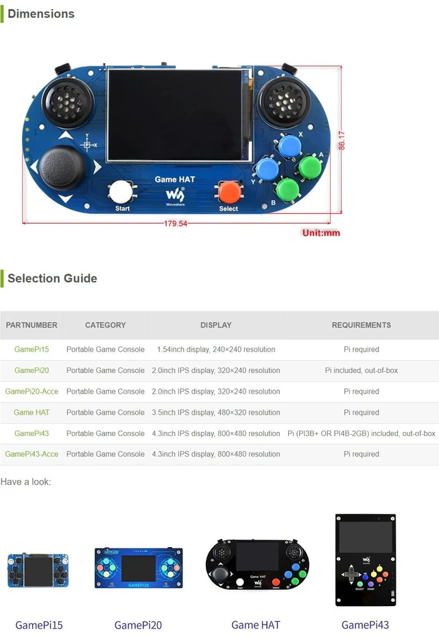 Alt view image 3 of 3 - Game HAT, Compatible with Raspberry Pi 4B/3B/3B+/Zero/Zero W/Zero WH, Retro Gaming Console wth 3.5inch IPS Screen, Joystick, and Buttons, 480×320, Onboard Speaker and Earphone Jack
