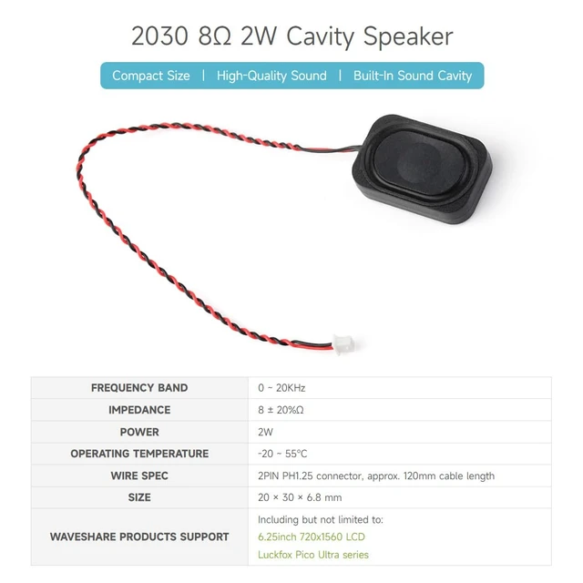 Alt view image 3 of 6 - 2030 Cavity Speaker Type B, 8 2W, Sound, Compact Size, 2PIN PH1.25 Connector
