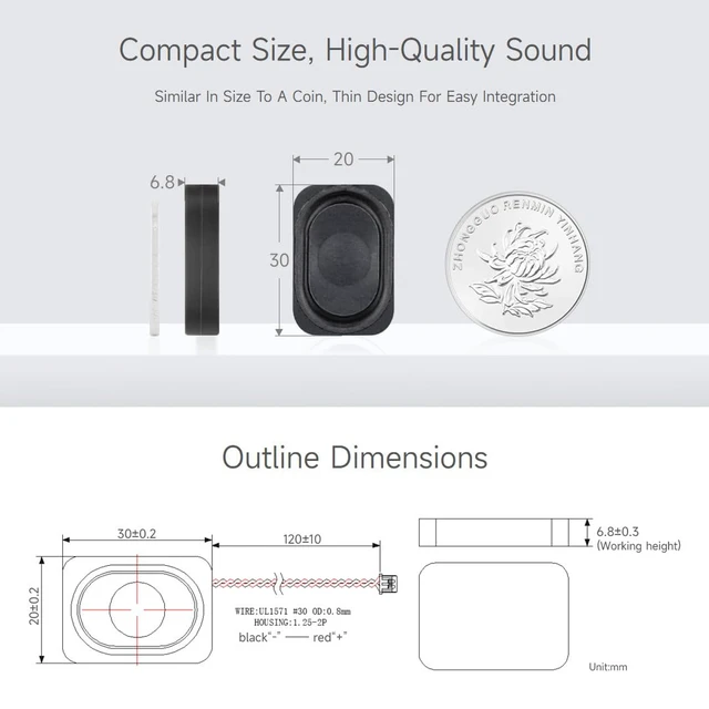 Alt view image 4 of 6 - 2030 Cavity Speaker Type B, 8 2W, Sound, Compact Size, 2PIN PH1.25 Connector