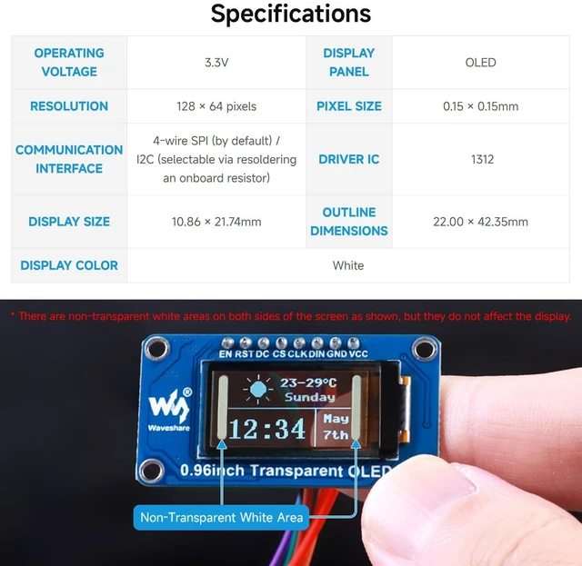 Alt view image 4 of 7 - 0.96inch Transparent OLED Display Module, 128 × 64, SPI/I2C
