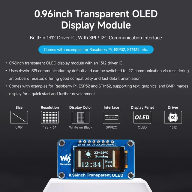 Alt view image 3 of 7 - 0.96inch Transparent OLED Display Module, 128 × 64, SPI/I2C