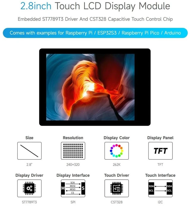 Alt view image 3 of 7 - 2.8inch LCD Display Module, Compatible with Raspberry Pi / ESP32S3 / Raspberry Pi Pico, Embedded with ST7789T3 Display Driver and CST328 Capacitive Touch Controller, 240×320 Resolution