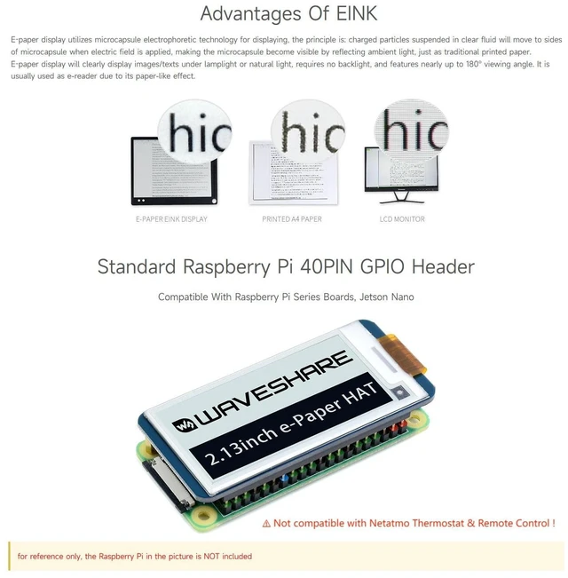 Alt view image 5 of 7 - 2.13inch E-Paper Display HAT Compatible with Raspberry Pi 5/4B/3B/Zero/Zero W/Zero 2W/Pico/Pico W/Pico WH/Jetson Nano, 250x122 Resolution Black/White Dual-Color