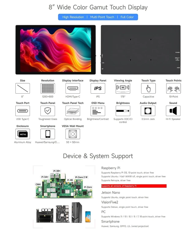 Alt view image 3 of 7 - 8inch Capacitive Touch Display, 1280×800 Resolution, Supports All Versions of Raspberry Pi, Supports Jetson Nano, VisionFive2, PC and Smartphone