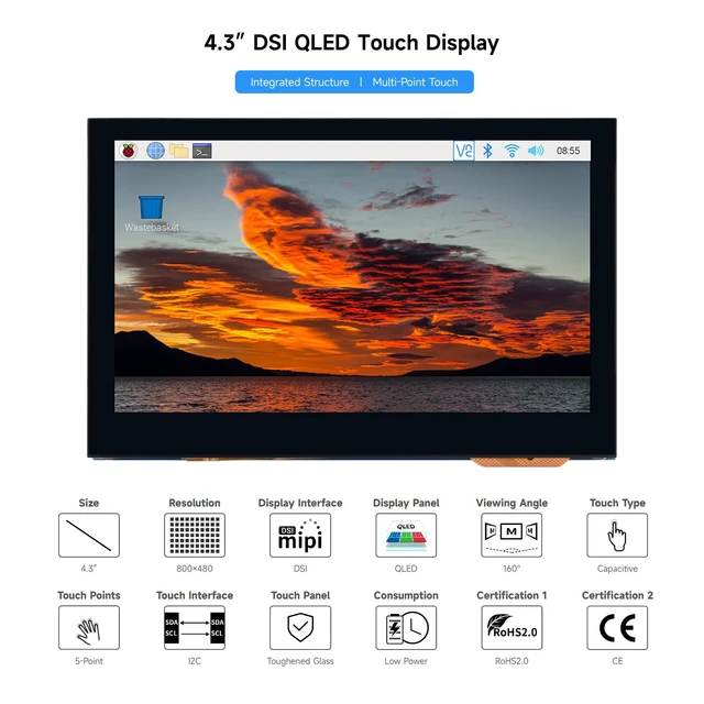 Alt view image 3 of 7 - 4.3inch QLED Display, Compatible with Raspberry Pi 5/4B/3B+/3A+/3B/2B/B+/A+/CM3/3+/4, DSI Interface, 800 × 480 Resolution, Integrated Structure,