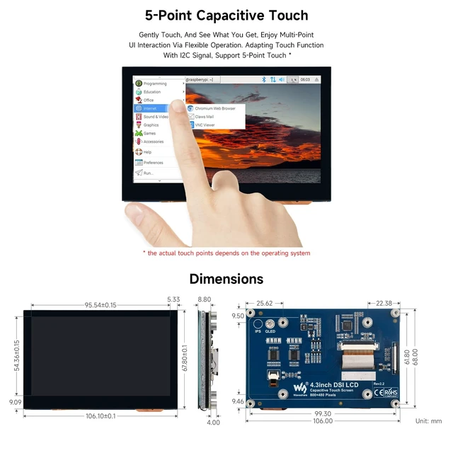 Alt view image 7 of 7 - 4.3inch QLED Display, Compatible with Raspberry Pi 5/4B/3B+/3A+/3B/2B/B+/A+/CM3/3+/4, DSI Interface, 800 × 480 Resolution, Integrated Structure,