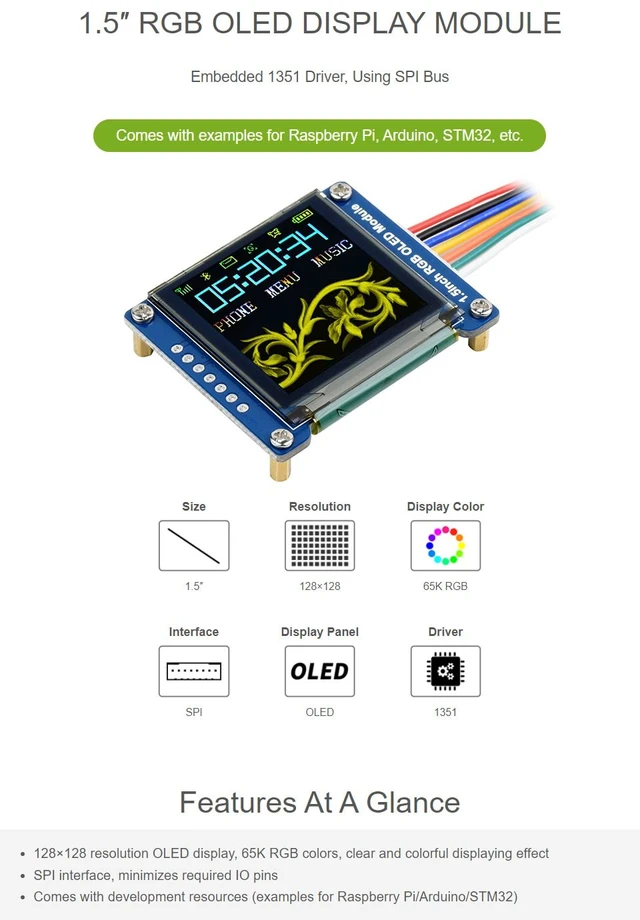 Alt view image 2 of 7 - 1.5inch RGB OLED Display Module 128x128 Pixels 16-bit High Color (65K Colors) with Embedded Controller Communicating via SPI Interface.
