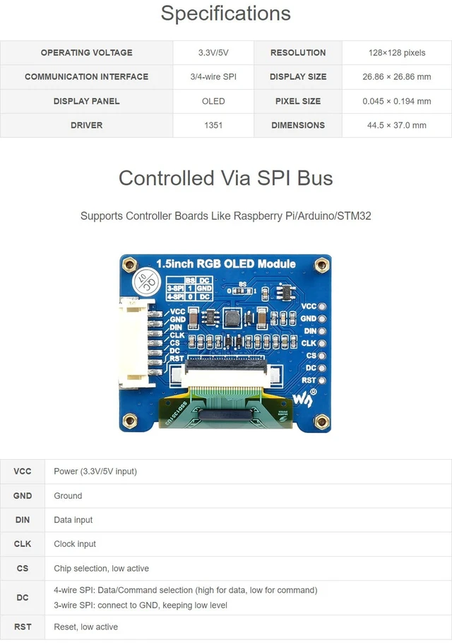 Alt view image 3 of 7 - 1.5inch RGB OLED Display Module 128x128 Pixels 16-bit High Color (65K Colors) with Embedded Controller Communicating via SPI Interface.