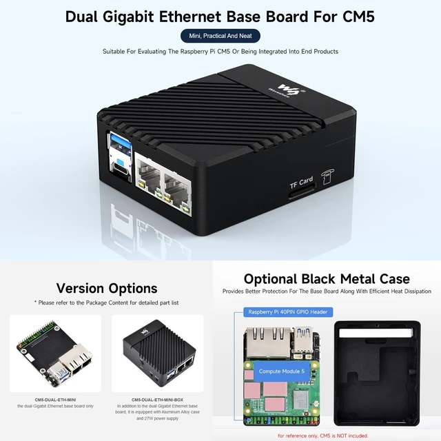 Alt view image 3 of 7 - Mini Dual Gigabit Ethernet Base Board, Mini-Computer Kit, Compatible with Raspberry Pi Compute Module 5 (NOT Included), for All Variants of CM5, Comes with Case and Power Supply
