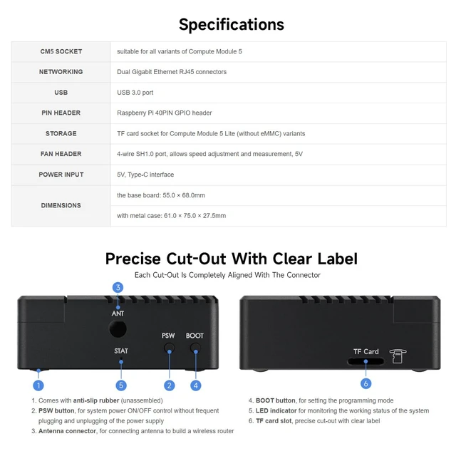 Alt view image 5 of 7 - Mini Dual Gigabit Ethernet Base Board, Mini-Computer Kit, Compatible with Raspberry Pi Compute Module 5 (NOT Included), for All Variants of CM5, Comes with Case and Power Supply