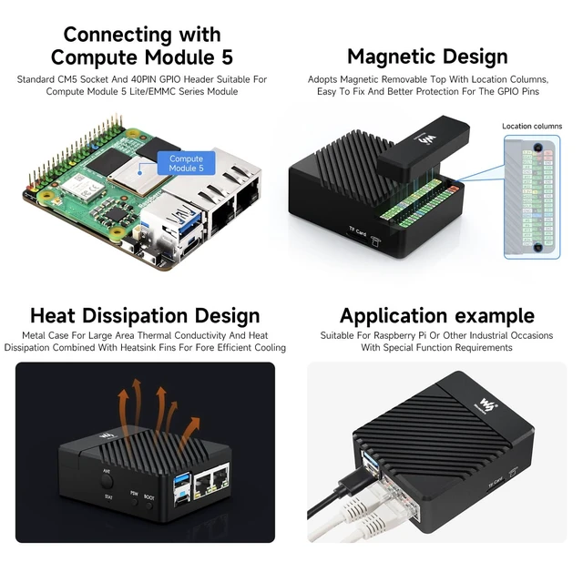 Alt view image 6 of 7 - Mini Dual Gigabit Ethernet Base Board, Mini-Computer Kit, Compatible with Raspberry Pi Compute Module 5 (NOT Included), for All Variants of CM5, Comes with Case and Power Supply