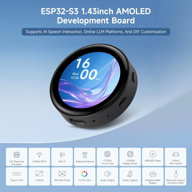 Alt view image 3 of 7 - ESP32-S3 1.43inch AMOLED Round Touch Display Development Board, 466 × 466, Supports AI Speech Interaction and Online LLM Platforms, Dual-core Processsor and 240MHz Frenquency, NO BAT