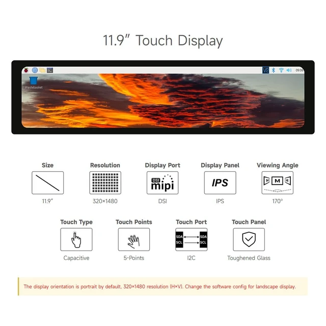 Alt view image 3 of 7 - 11.9inch Capacitive Touch Display Compatible with Raspberry Pi 5/4B/3B/Zero/Zero W/Zero 2W/Pico/Pico W/Pico WH, 320×1480 Resolution IPS DSI Interface