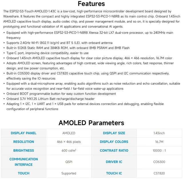 Alt view image 4 of 7 - ESP32-S3 1.43inch AMOLED Round Touch Display Development Board, 466 × 466, Supports AI Speech Interaction and Online LLM Platforms, Dual-core Processsor and 240MHz Frenquency, NO BAT