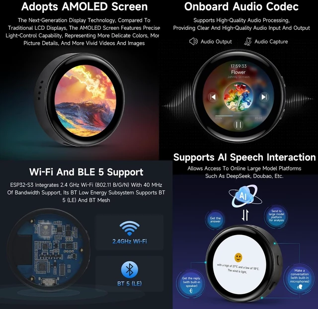 Alt view image 6 of 7 - ESP32-S3 1.43inch AMOLED Round Touch Display Development Board, 466 × 466, Supports AI Speech Interaction and Online LLM Platforms, Dual-core Processsor and 240MHz Frenquency, NO BAT
