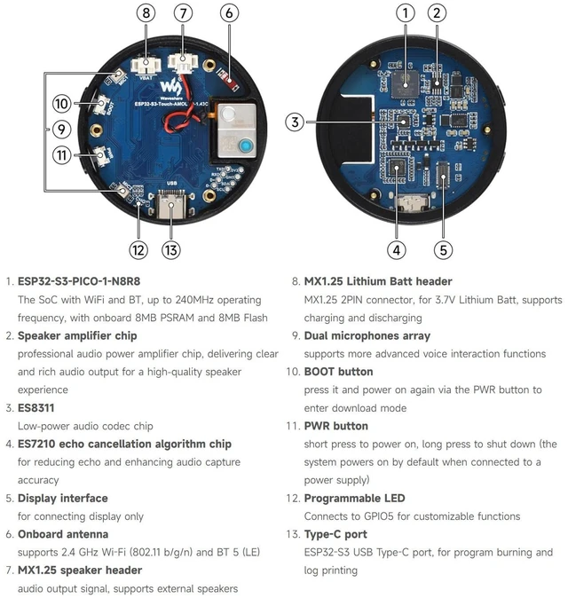 Alt view image 7 of 7 - ESP32-S3 1.43inch AMOLED Round Touch Display Development Board, 466 × 466, Supports AI Speech Interaction and Online LLM Platforms, Dual-core Processsor and 240MHz Frenquency, NO BAT