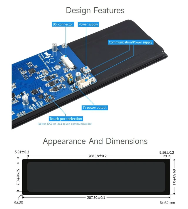Alt view image 7 of 7 - 11.9inch Capacitive Touch Display Compatible with Raspberry Pi 5/4B/3B/Zero/Zero W/Zero 2W/Pico/Pico W/Pico WH, 320×1480 Resolution IPS DSI Interface