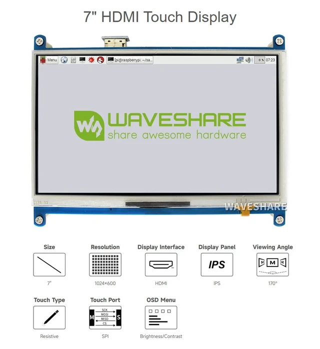 Alt view image 3 of 7 - 7inch Resistive Touch Screen LCD Compatible with Raspberry Pi 4B/3B+/3A+/2B/B+/A+/Zero/Zero W/WH/Zero 2W CM3+/4 Series Boards 1024×600 Resolution HDMI IPS Supports Windows