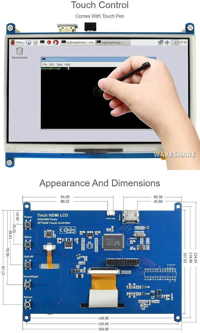 Alt view image 6 of 7 - 7inch Resistive Touch Screen LCD Compatible with Raspberry Pi 4B/3B+/3A+/2B/B+/A+/Zero/Zero W/WH/Zero 2W CM3+/4 Series Boards 1024×600 Resolution HDMI IPS Supports Windows