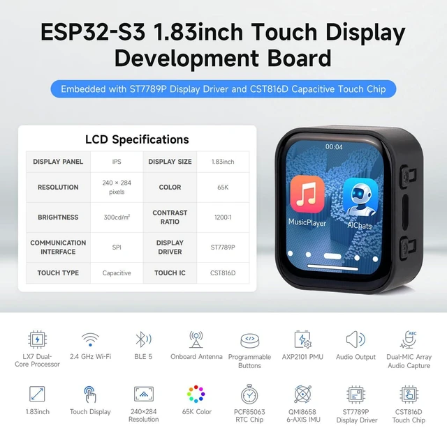 Alt view image 3 of 7 - ESP32-S3 1.83inch Touch Display Development Board, 240 × 284, Onboard Audio Codec Chip, Built-in Microphones and Speaker, Supports Wi-Fi and BLE 5, Without BAT