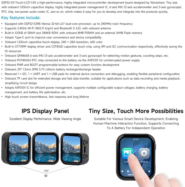 Alt view image 4 of 7 - ESP32-S3 1.83inch Touch Display Development Board, 240 × 284, Onboard Audio Codec Chip, Built-in Microphones and Speaker, Supports Wi-Fi and BLE 5, Without BAT