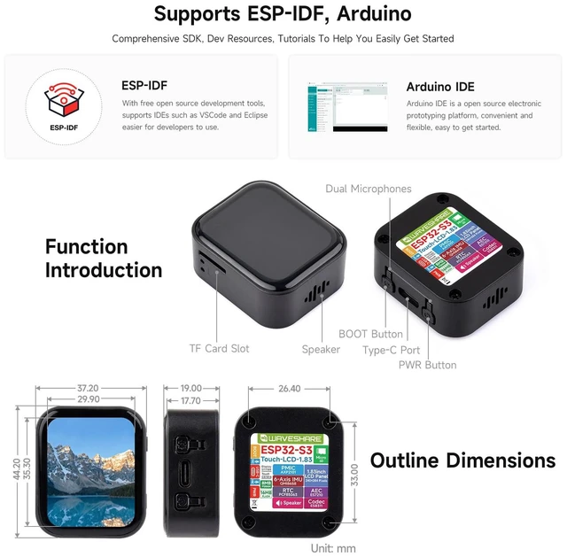 Alt view image 6 of 7 - ESP32-S3 1.83inch Touch Display Development Board, 240 × 284, Onboard Audio Codec Chip, Built-in Microphones and Speaker, Supports Wi-Fi and BLE 5, Without BAT