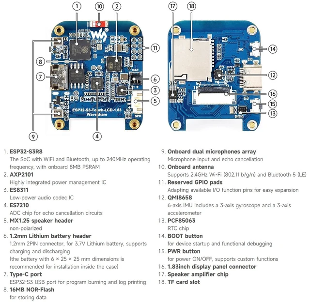 Alt view image 7 of 7 - ESP32-S3 1.83inch Touch Display Development Board, 240 × 284, Onboard Audio Codec Chip, Built-in Microphones and Speaker, Supports Wi-Fi and BLE 5, Without BAT