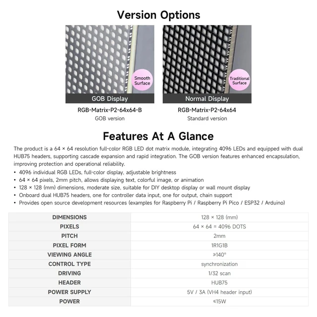 Alt view image 4 of 6 - RGB Full-Color LED Matrix Panel, 2mm Pitch, 64 × 64 Pixels, Adjustable Brightness, GOB Version