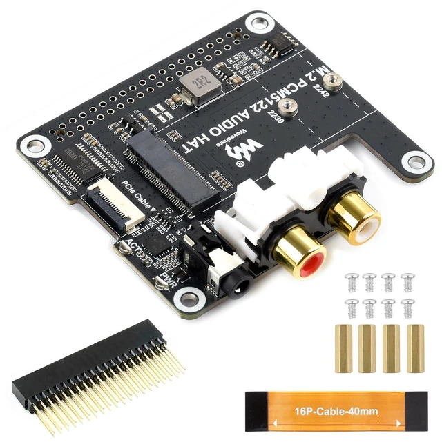 Main image of PCIe to M.2 HAT with I2S Audio Extensio, Compatible with RPi, Supports NVMe Protocol Solid State Drive, Onboard 3.5mm Headphone Jack and RCA Connector, Driver-Free