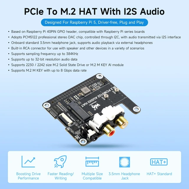 Alt view image 3 of 6 - PCIe to M.2 HAT with I2S Audio Extensio, Compatible with RPi, Supports NVMe Protocol Solid State Drive, Onboard 3.5mm Headphone Jack and RCA Connector, Driver-Free