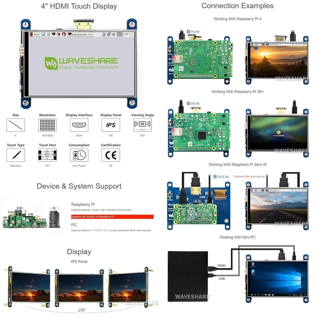 Alt view image 3 of 7 - 4inch Resistive Touch Screen LCD Compatible with Raspberry Pi 4B/3B+/3A+/2B/B+/A+/Zero/Zero W/WH/Zero 2W CM3+/4 480×800 Resolution HDMI IPS Low Power Consumption Supports Windows