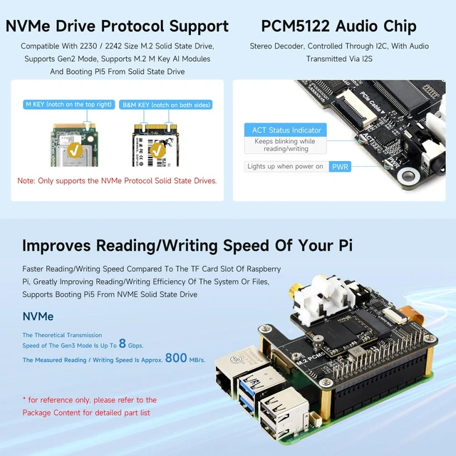 Alt view image 5 of 6 - PCIe to M.2 HAT with I2S Audio Extensio, Compatible with RPi, Supports NVMe Protocol Solid State Drive, Onboard 3.5mm Headphone Jack and RCA Connector, Driver-Free