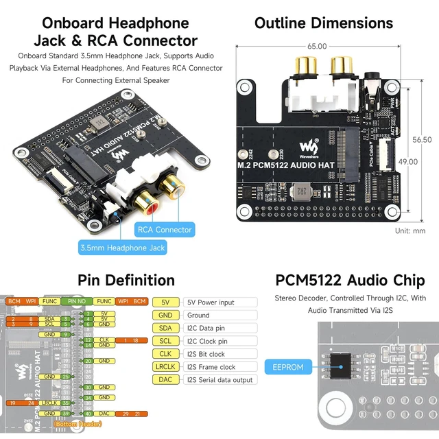 Alt view image 6 of 6 - PCIe to M.2 HAT with I2S Audio Extensio, Compatible with RPi, Supports NVMe Protocol Solid State Drive, Onboard 3.5mm Headphone Jack and RCA Connector, Driver-Free