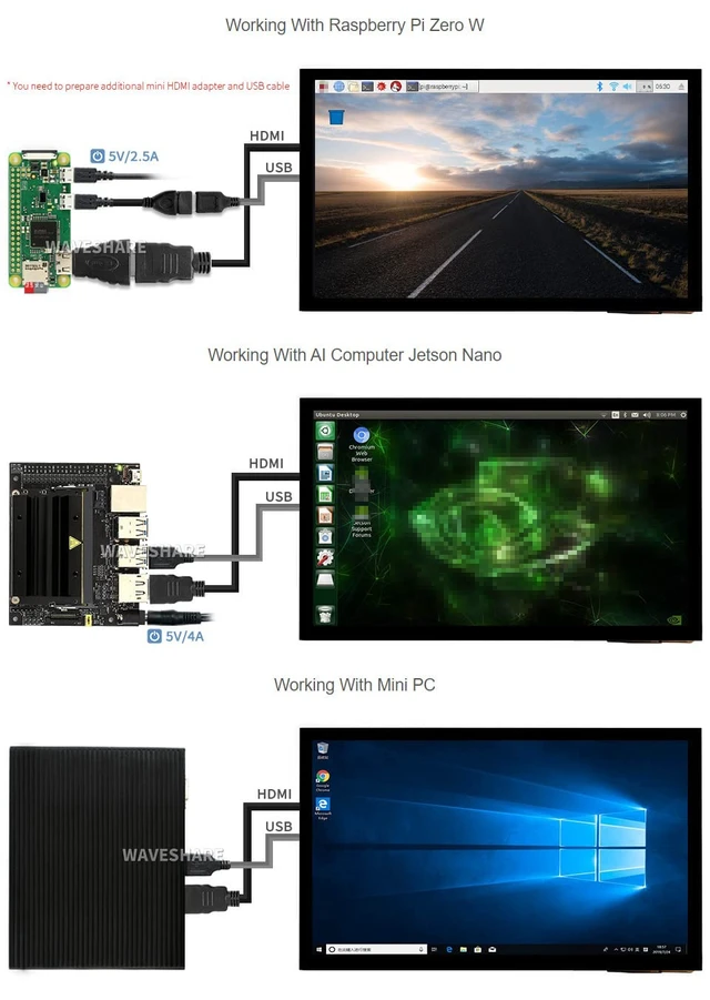 Alt view image 5 of 7 - 10.1inch Capacitive Touch Screen LCD (E) 1024×600 HDMI IPS Optical Bonding Display Compatible with Raspberry Pi 5/4B/3B+/3A+/3B/2B/1B+/1A+/Zero 2 W/Zero W Jetson Nano and PC Game Console
