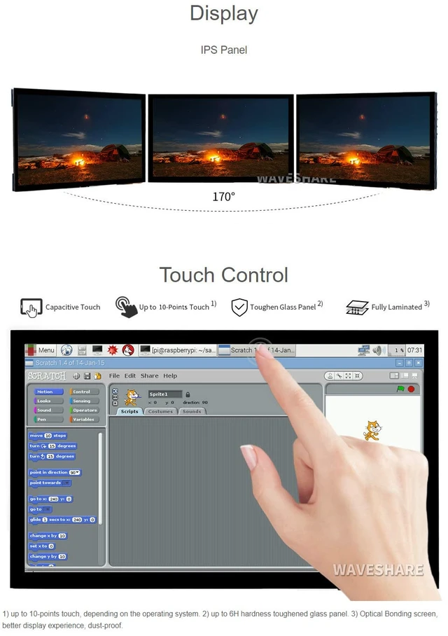 Alt view image 6 of 7 - 10.1inch Capacitive Touch Screen LCD (E) 1024×600 HDMI IPS Optical Bonding Display Compatible with Raspberry Pi 5/4B/3B+/3A+/3B/2B/1B+/1A+/Zero 2 W/Zero W Jetson Nano and PC Game Console