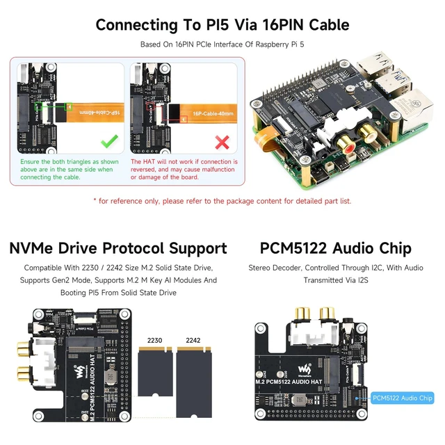Alt view image 4 of 6 - PCIe to M.2 HAT with I2S Audio Extensio, Compatible with RPi, Supports NVMe Protocol Solid State Drive, Onboard 3.5mm Headphone Jack and RCA Connector, Driver-Free