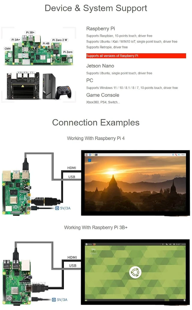 Alt view image 4 of 7 - 10.1inch Capacitive Touch Screen LCD (E) 1024×600 HDMI IPS Optical Bonding Display Compatible with Raspberry Pi 5/4B/3B+/3A+/3B/2B/1B+/1A+/Zero 2 W/Zero W Jetson Nano and PC Game Console