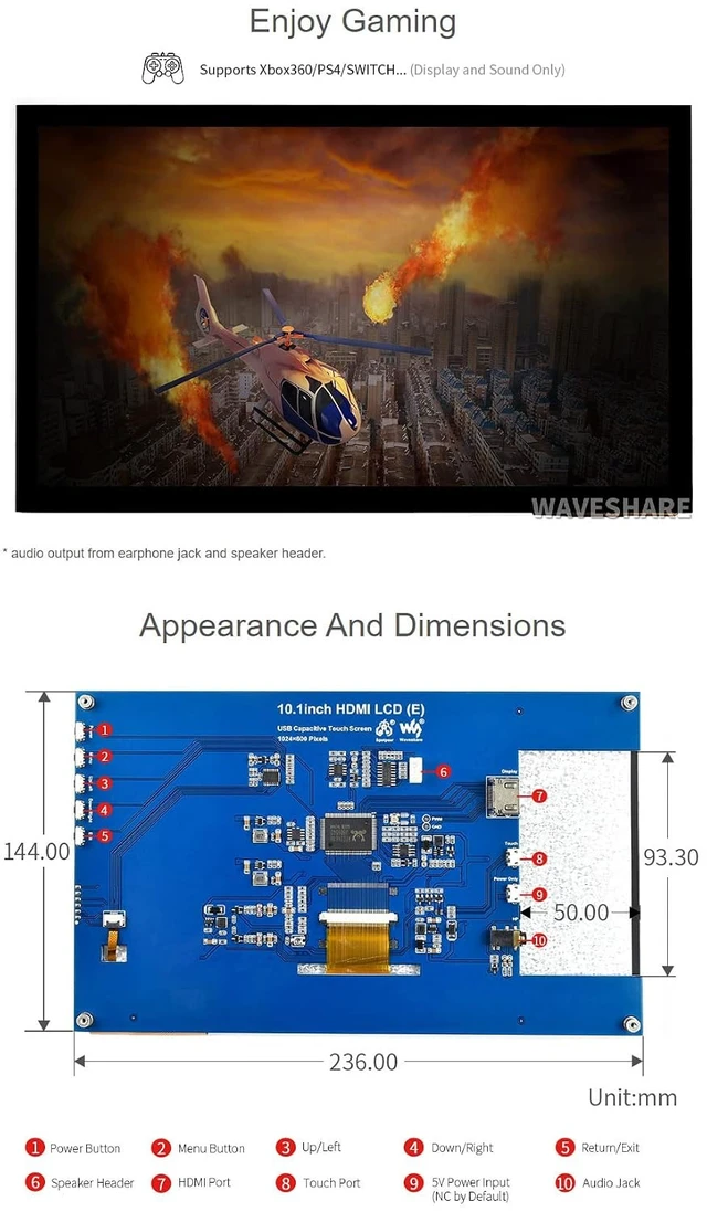 Alt view image 7 of 7 - 10.1inch Capacitive Touch Screen LCD (E) 1024×600 HDMI IPS Optical Bonding Display Compatible with Raspberry Pi 5/4B/3B+/3A+/3B/2B/1B+/1A+/Zero 2 W/Zero W Jetson Nano and PC Game Console