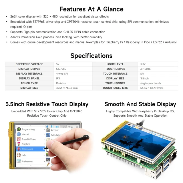 Alt view image 4 of 7 - 3.5inch Resistive Touch Display, Compatible with Raspberry Pi 5/4B/3B, Pi Pico, IPS Panel, 320×480, Immersion Gold Process, 262K Color