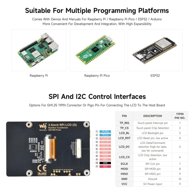 Alt view image 6 of 7 - 3.5inch Resistive Touch Display, Compatible with Raspberry Pi 5/4B/3B, Pi Pico, IPS Panel, 320×480, Immersion Gold Process, 262K Color