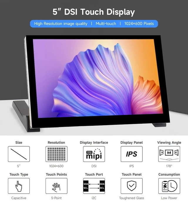 Alt view image 3 of 7 - 5inch Capacitive Touch Display, compatilbe with Raspberry Pi 5/4B/3B/CM4/3, DSI Interface, IPS Panel, 1024x600 Pixels, Toughened Glass Panel, No Driver Required
