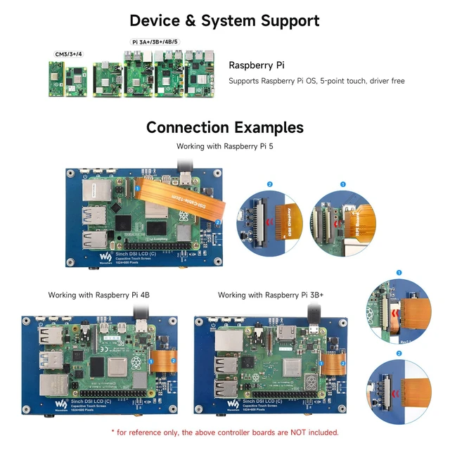 Alt view image 4 of 7 - 5inch Capacitive Touch Display, compatilbe with Raspberry Pi 5/4B/3B/CM4/3, DSI Interface, IPS Panel, 1024x600 Pixels, Toughened Glass Panel, No Driver Required