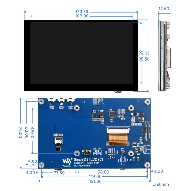 Alt view image 7 of 7 - 5inch Capacitive Touch Display, compatilbe with Raspberry Pi 5/4B/3B/CM4/3, DSI Interface, IPS Panel, 1024x600 Pixels, Toughened Glass Panel, No Driver Required