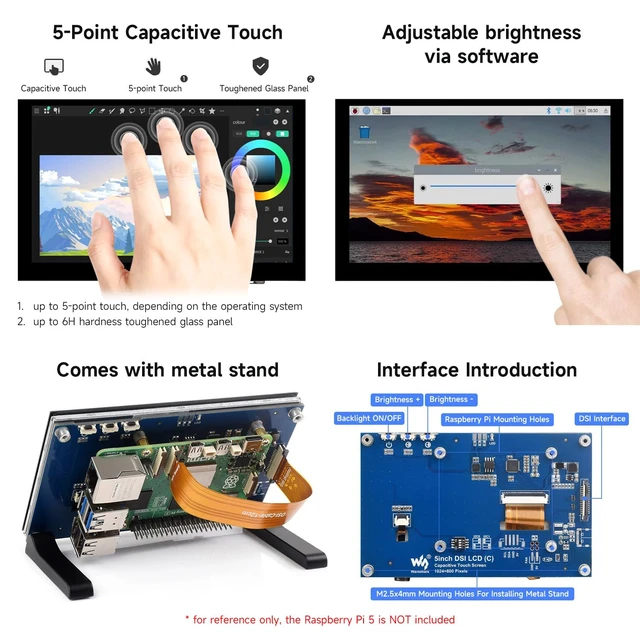Alt view image 6 of 7 - 5inch Capacitive Touch Display, compatilbe with Raspberry Pi 5/4B/3B/CM4/3, DSI Interface, IPS Panel, 1024x600 Pixels, Toughened Glass Panel, No Driver Required