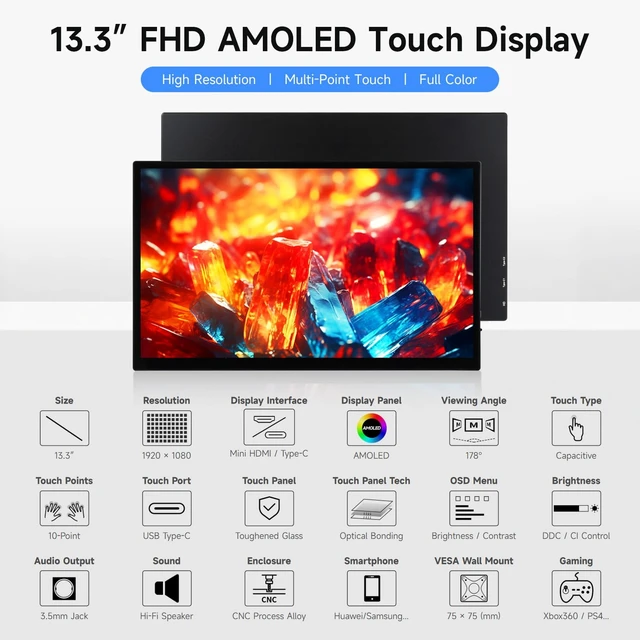 Alt view image 3 of 7 - 13.3inch FHD AMOLED Touch Display, Supports All Versions of Raspberry Pi and Jetson Series, 1920 × 1080, 100% sRGB and 100% DCI-P3 Color Gamut, Optical Bonding Toughened Glass Panel