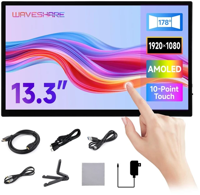 Main image of 13.3inch FHD AMOLED Touch Display, Supports All Versions of Raspberry Pi and Jetson Series, 1920 × 1080, 100% sRGB and 100% DCI-P3 Color Gamut, Optical Bonding Toughened Glass Panel