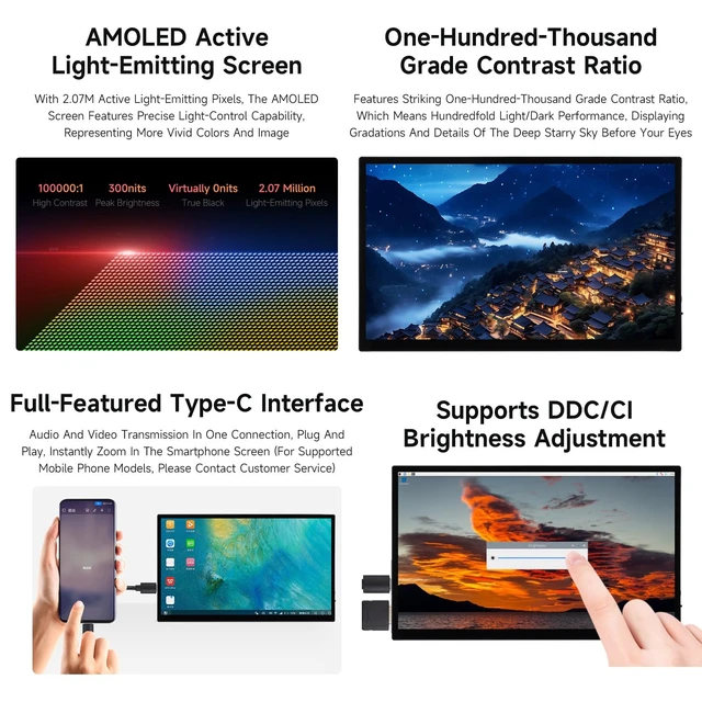 Alt view image 6 of 7 - 13.3inch FHD AMOLED Touch Display, Supports All Versions of Raspberry Pi and Jetson Series, 1920 × 1080, 100% sRGB and 100% DCI-P3 Color Gamut, Optical Bonding Toughened Glass Panel