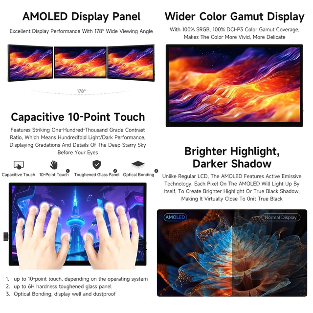 Alt view image 5 of 7 - 13.3inch FHD AMOLED Touch Display, Supports All Versions of Raspberry Pi and Jetson Series, 1920 × 1080, 100% sRGB and 100% DCI-P3 Color Gamut, Optical Bonding Toughened Glass Panel